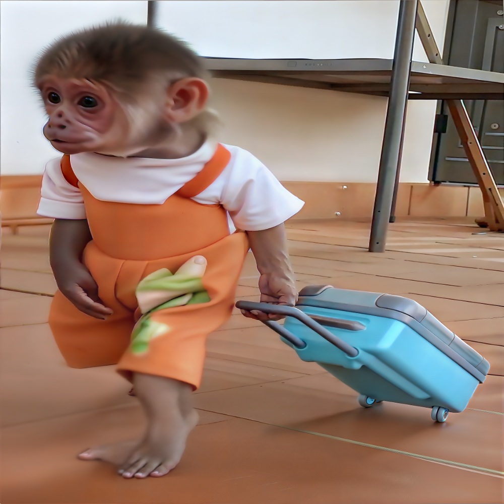 Baby monkey in orange overalls dragging a blue suitcase